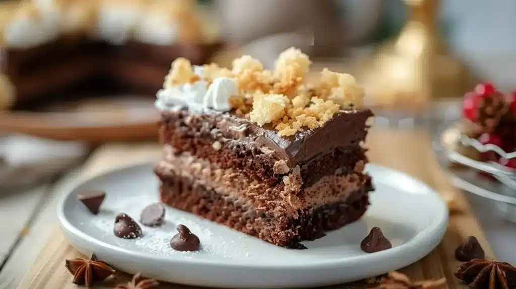 Festive holiday chocolate cake decorated with festive toppings