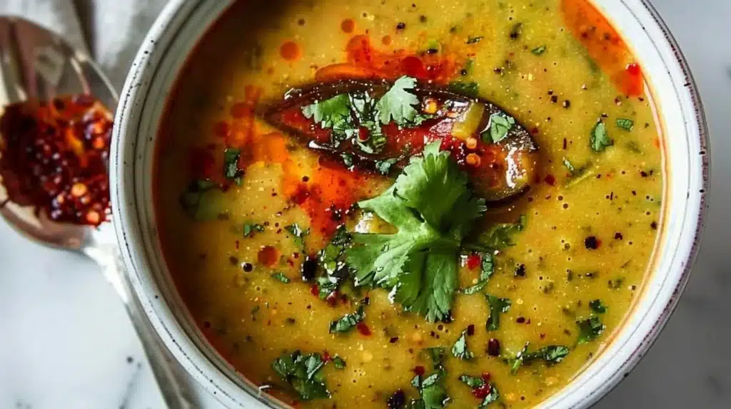 Bowl of fire-roasted poblano pepper soup garnished with cilantro