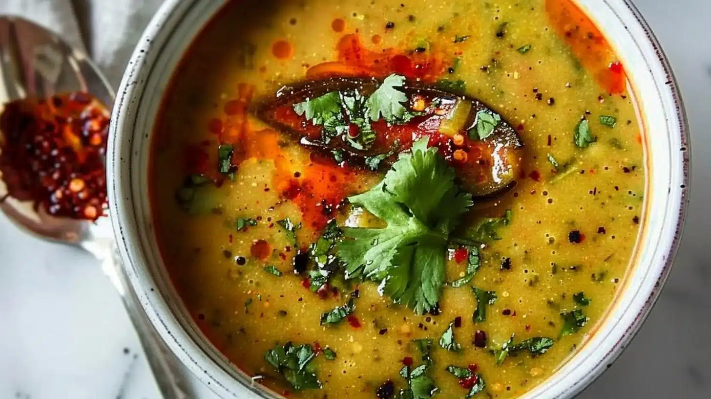 Bowl of fire-roasted poblano pepper soup garnished with cilantro