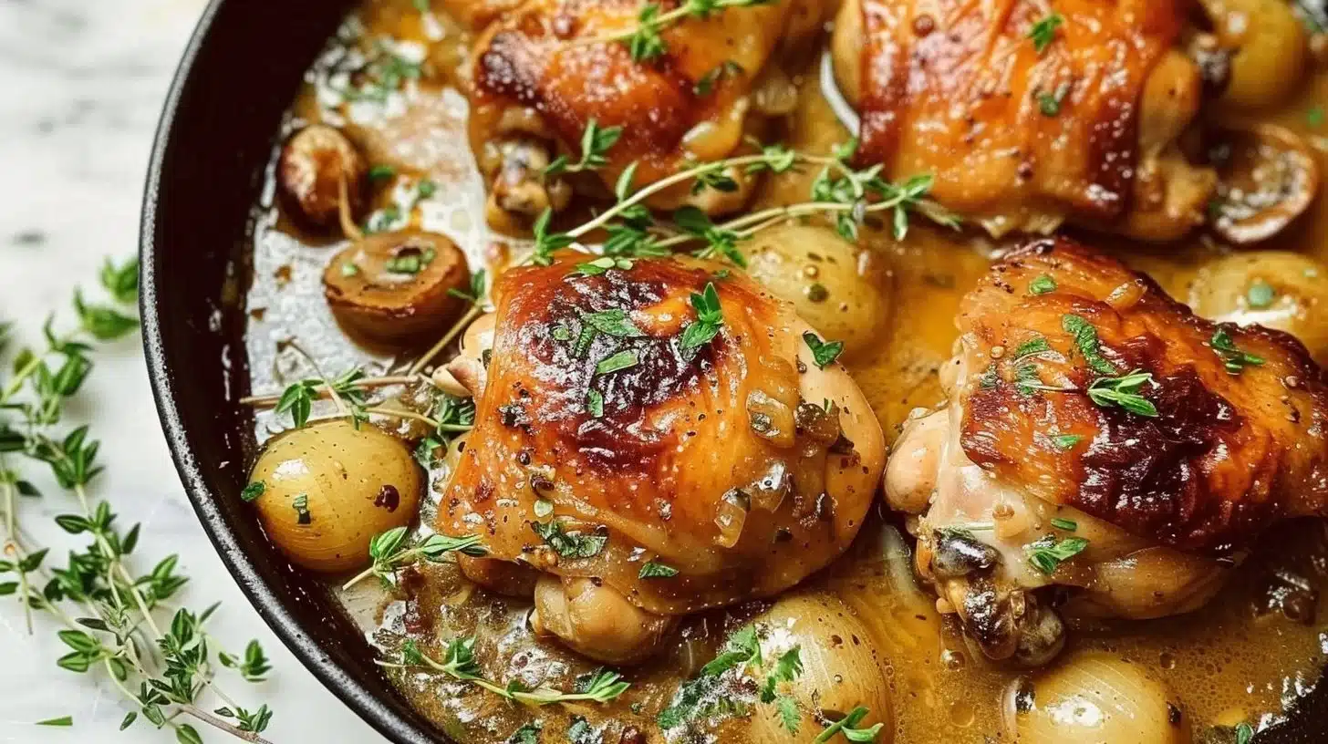 Delicious Chicken Normandy dish served with creamy cider sauce and vegetables.