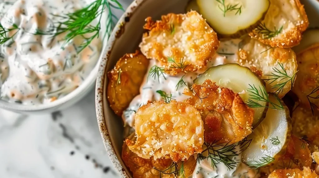 Delicious Fried Dill Pickle Dip served with crunchy chips