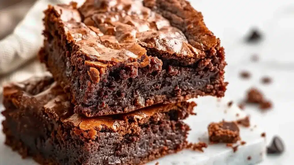 Delicious fudgy brownies on a plate, topped with chocolate sauce.
