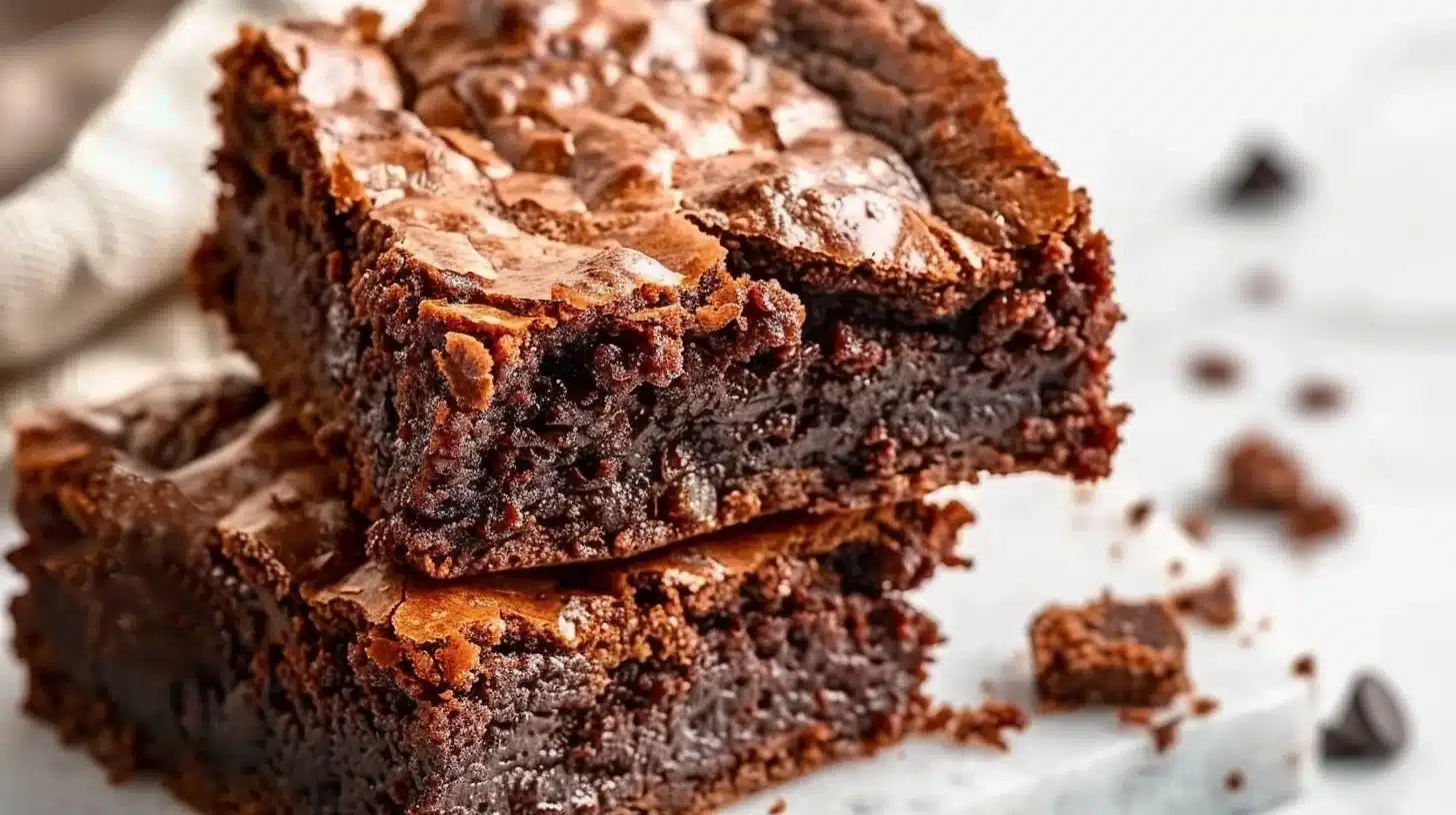 Delicious fudgy brownies on a plate, topped with chocolate sauce.