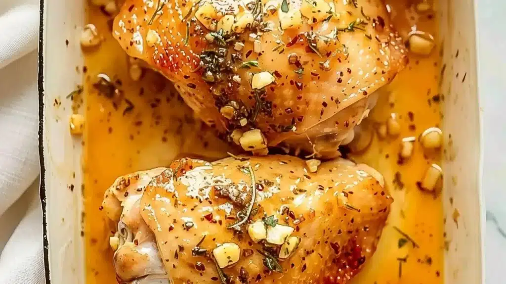 Juicy garlic butter baked chicken thighs garnished with herbs