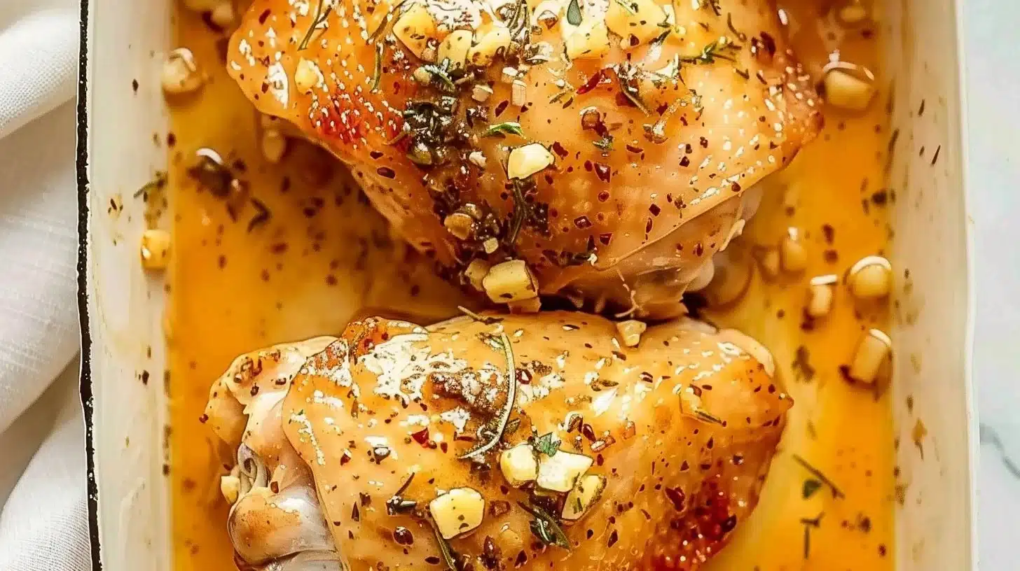 Juicy garlic butter baked chicken thighs garnished with herbs