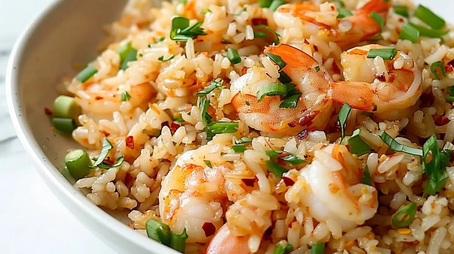 Plate of Garlic Shrimp Fried Rice garnished with vegetables