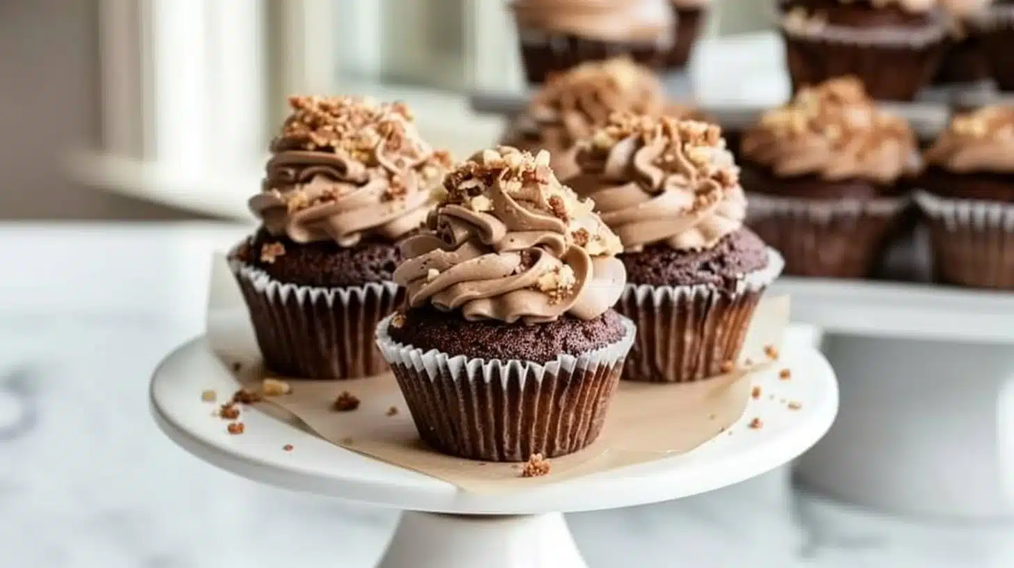 Decadent German chocolate cupcakes with coconut-pecan frosting