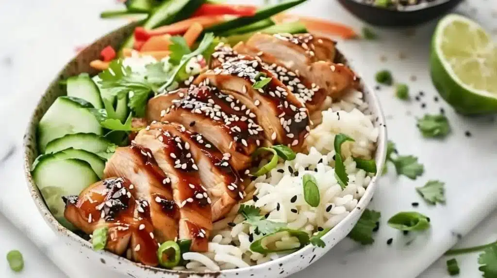 Delicious Ginger Soy Chicken Bowl with fresh vegetables and rice