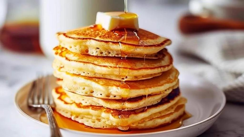 Delicious gluten-free almond flour pancakes stacked on a plate with syrup