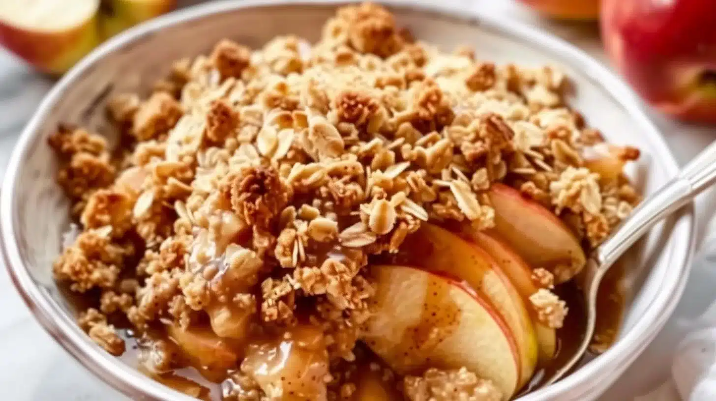Gluten-free apple crisp topped with oats and cinnamon served in a bowl
