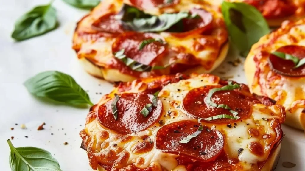Plate of gluten-free mini pizzas topped with fresh ingredients.