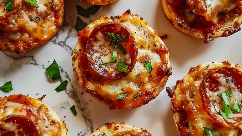 Gluten-free pizza bites served on a wooden board with fresh toppings