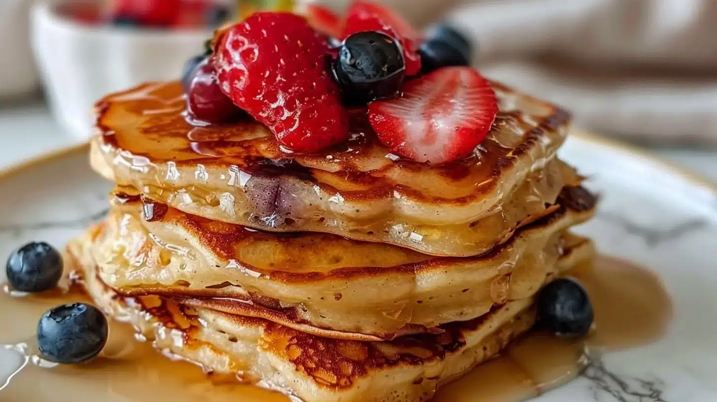 Gluten-free sheet pan pancakes ready to serve with fresh toppings.