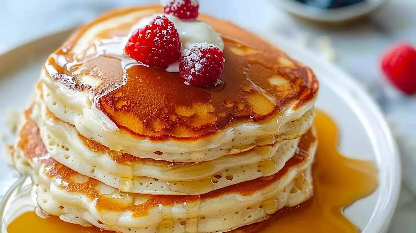 Gluten-free sheet pan pancakes served on a plate with fresh berries and syrup