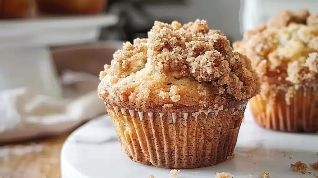 Freshly baked gluten-free streusel muffins with a crumbly topping.