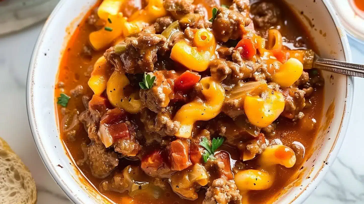 Plate of Grandma's easy goulash recipe with pasta and meat in a rich sauce.