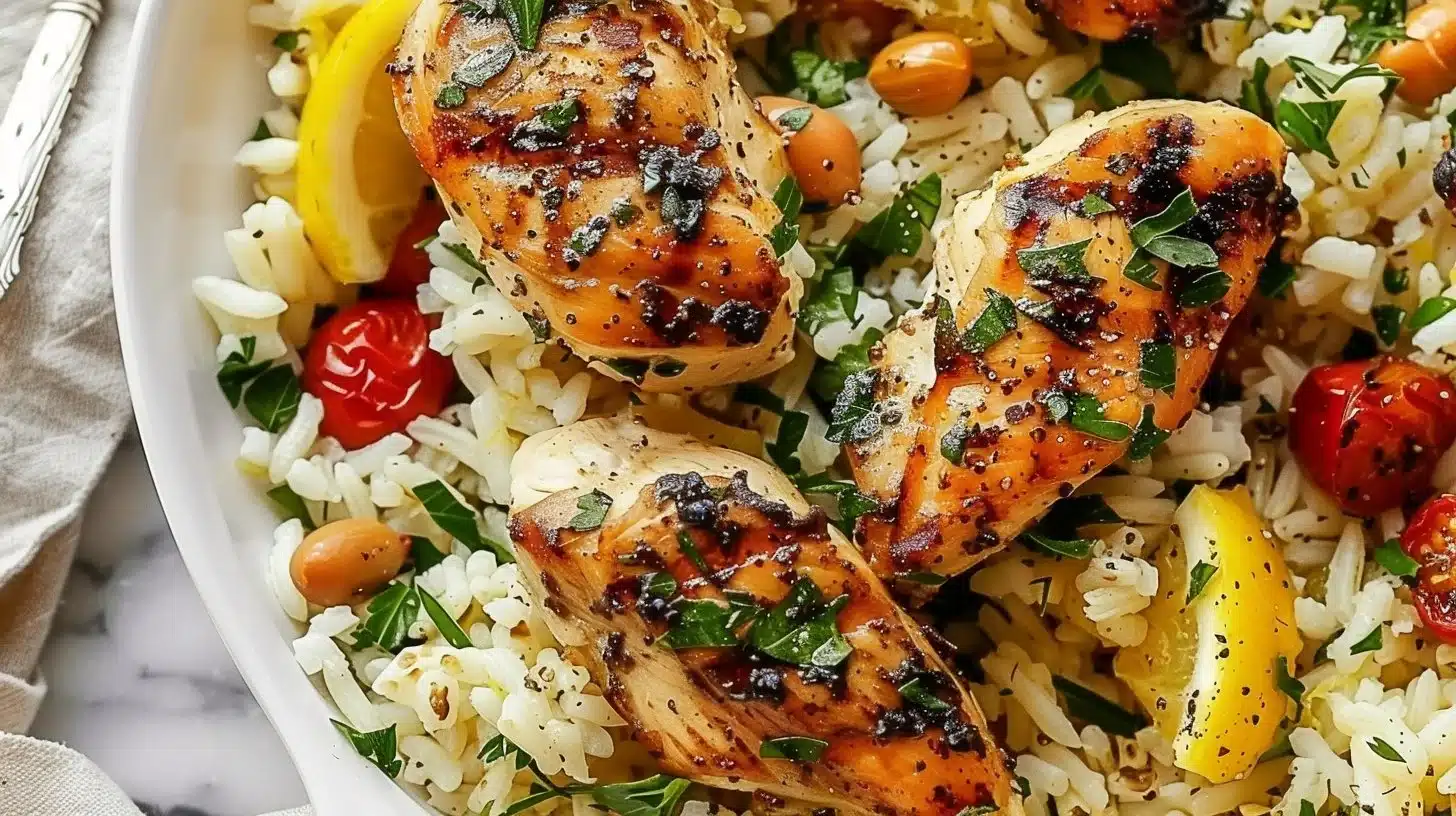 Delicious Greek Chicken served with fragrant lemon rice on a plate