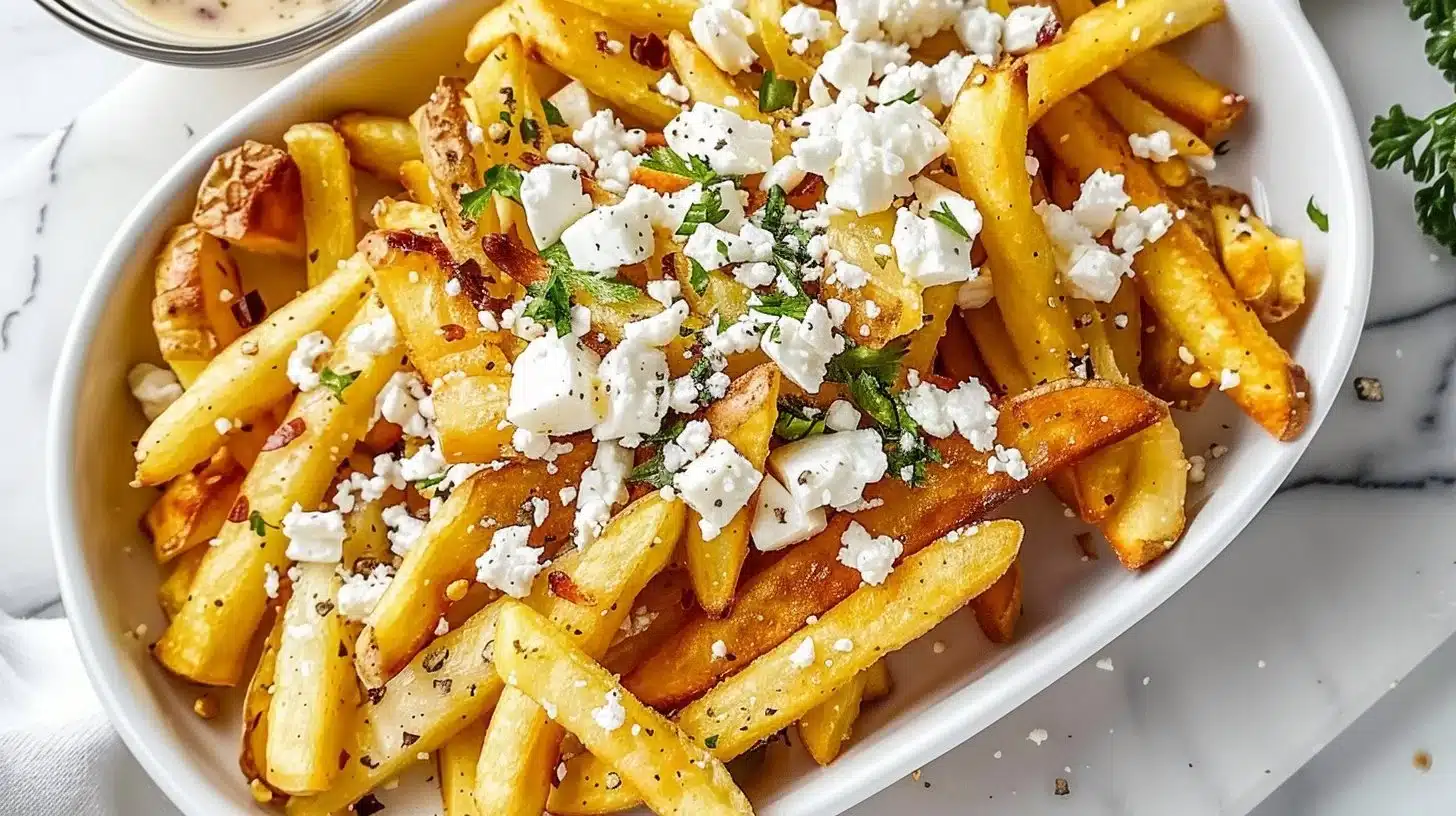 Plate of Greek fries topped with crumbled feta cheese and herbs