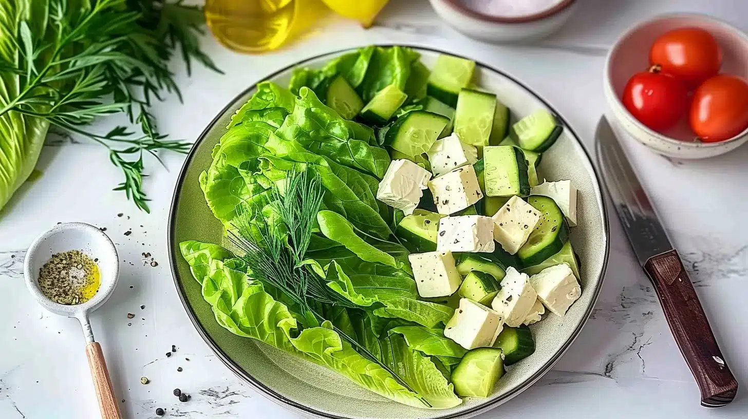 Delicious Greek Lettuce Salad with fresh vegetables and feta cheese