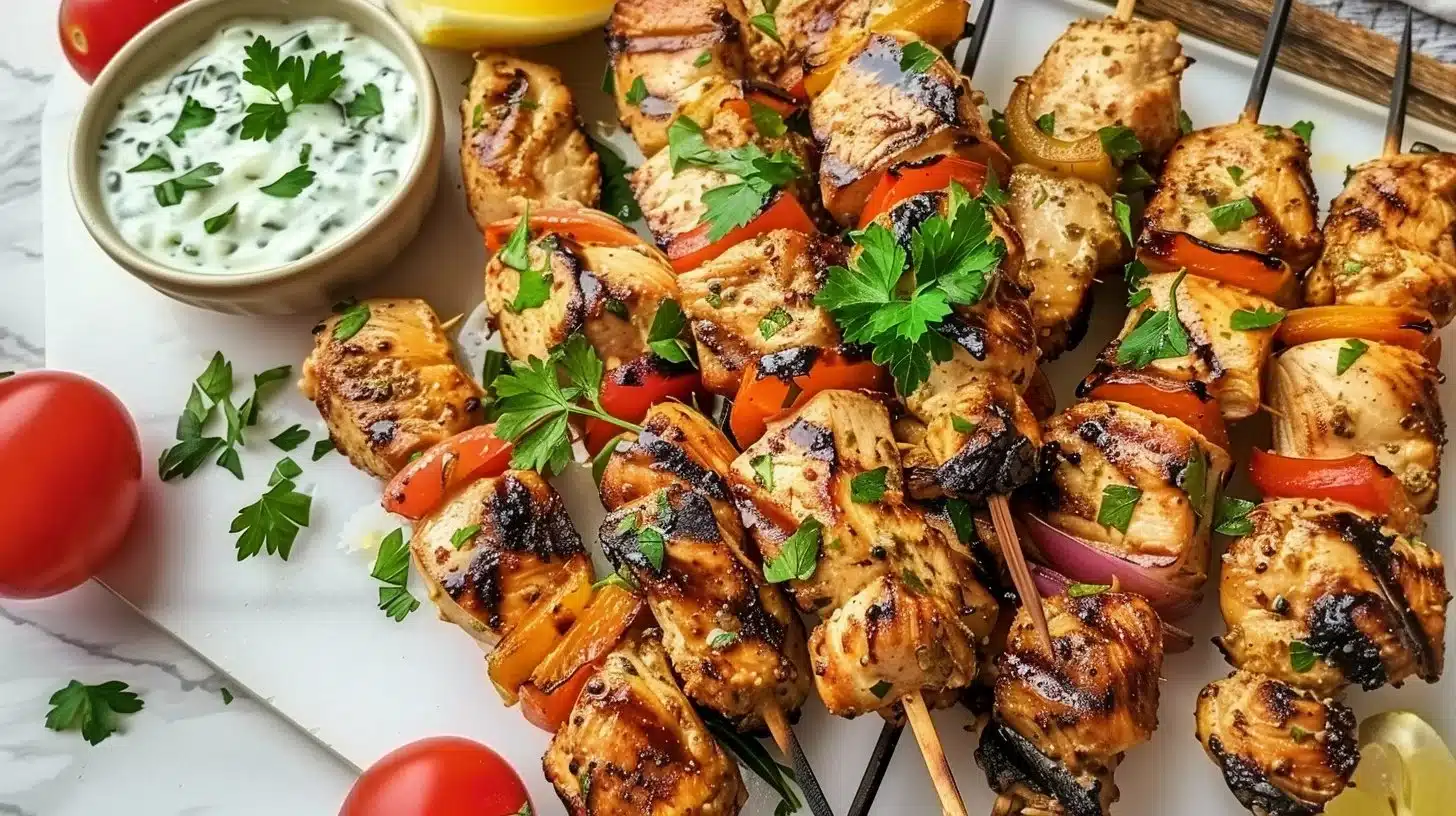 Delicious grilled chicken skewers served on a platter with fresh herbs