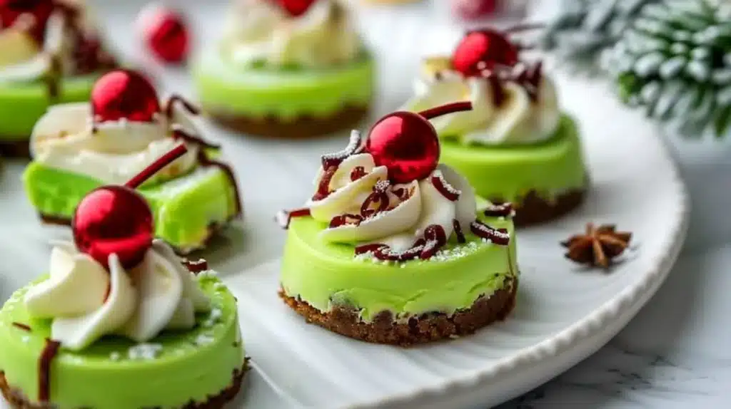 Festive Grinch-themed holiday treats displayed on a table.