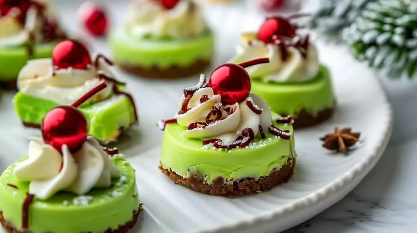 Festive Grinch-themed holiday treats displayed on a table.