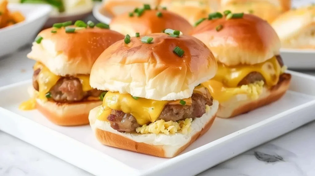 Hawaiian Roll Breakfast Sliders with eggs, cheese, and ham on a platter