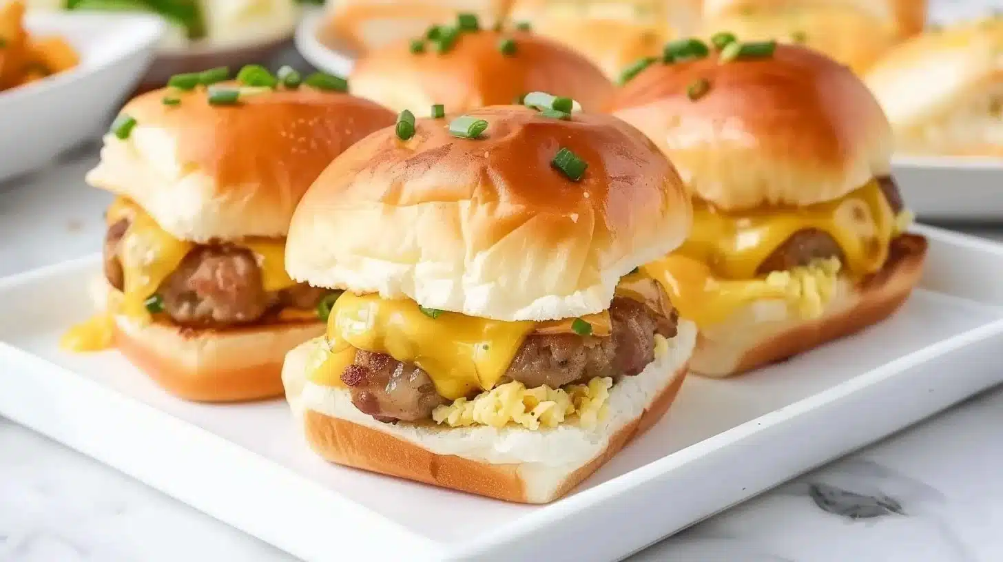 Hawaiian Roll Breakfast Sliders with eggs, cheese, and ham on a platter