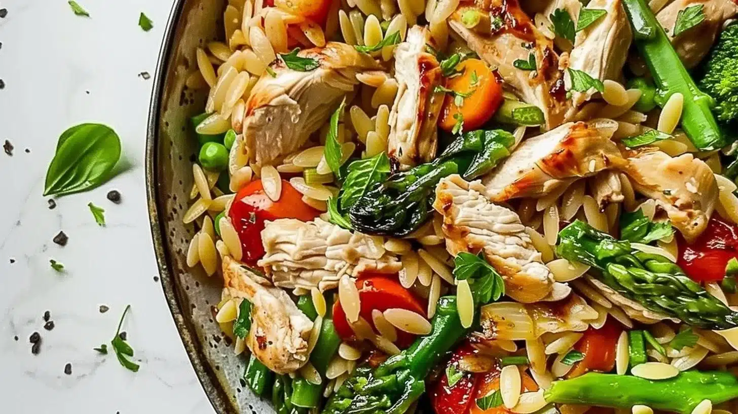Healthy chicken and veggies with orzo served in a bowl