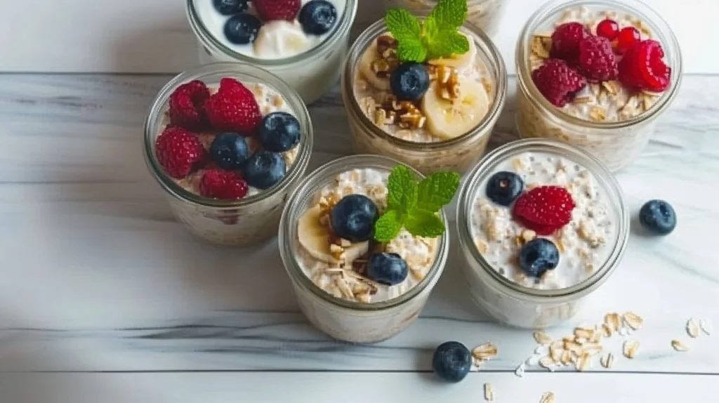 Bowl of healthy overnight oats topped with fresh fruits and nuts