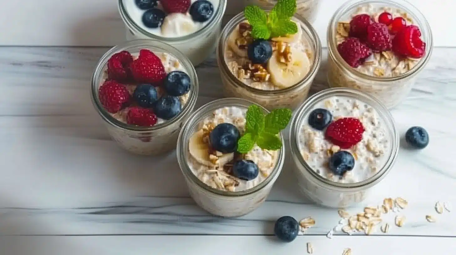 Bowl of healthy overnight oats topped with fresh fruits and nuts