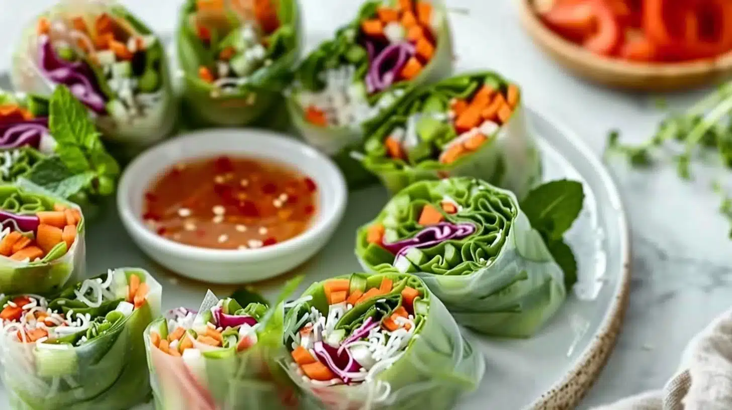 Healthy vegetable spring rolls filled with fresh vegetables and served with dipping sauce.