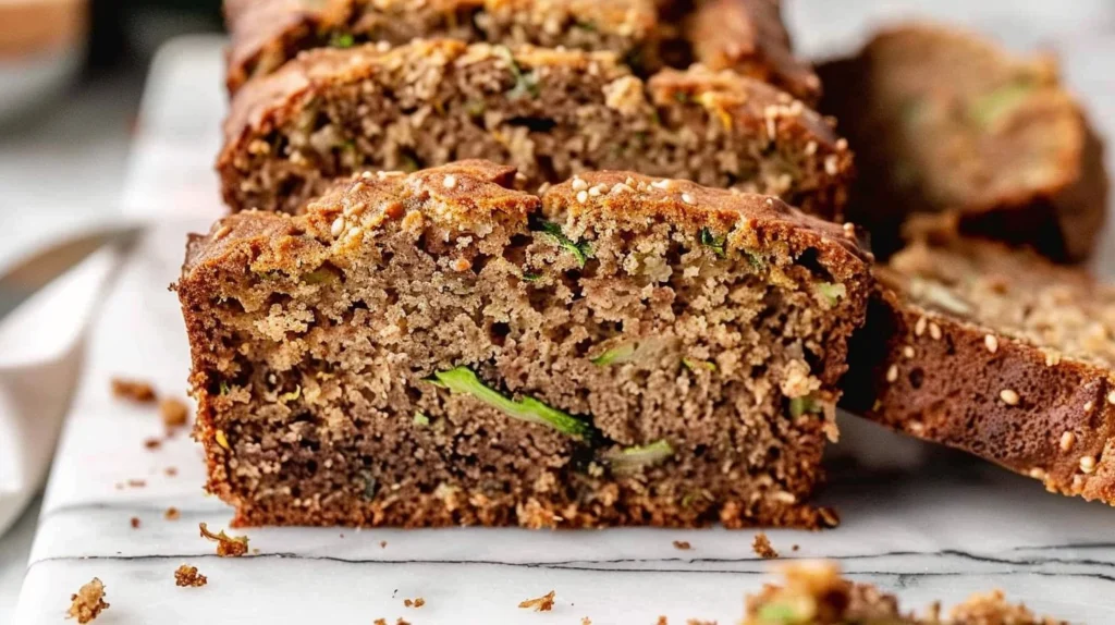 Slice of healthy homemade zucchini bread on a wooden table