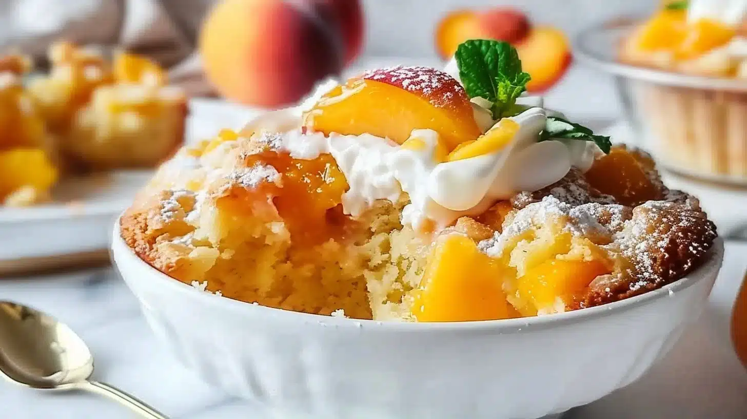 Heavenly Summer Peach Cobbler Poke Cake with fresh peaches and whipped cream
