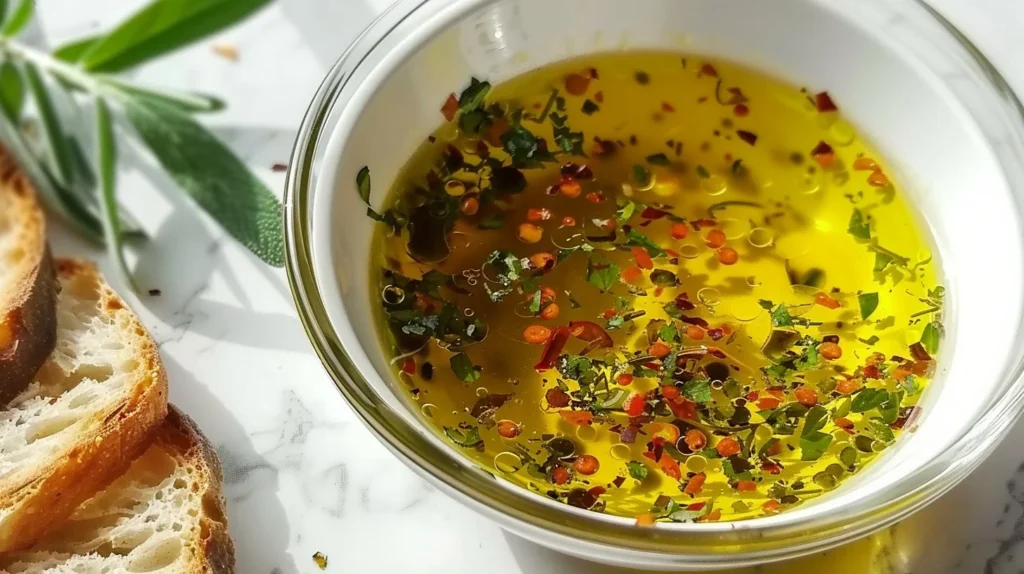 Herb-kissed olive oil dipping sauce in a bowl with fresh bread