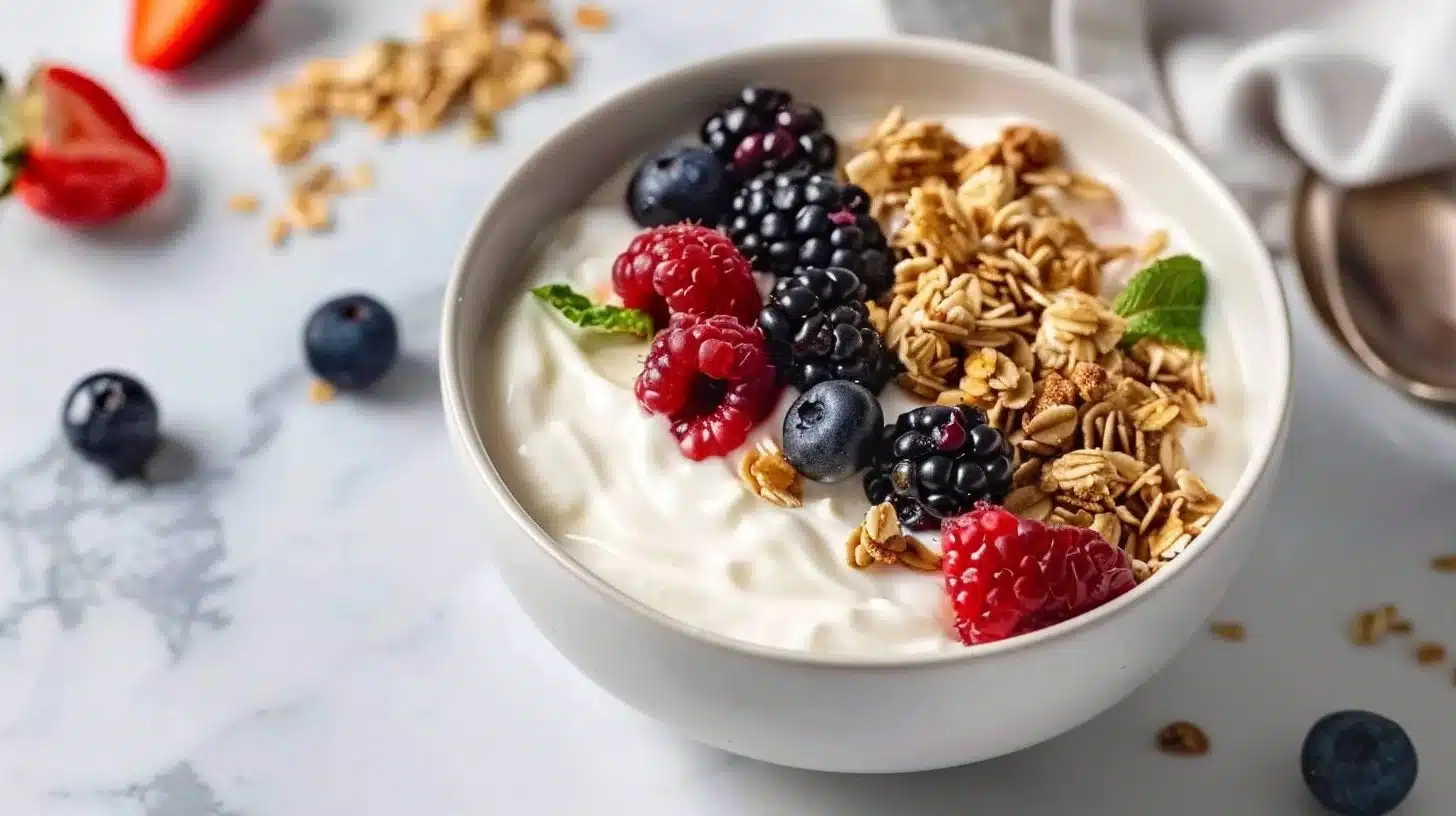High protein Greek yogurt breakfast bowl with fresh berries and granola