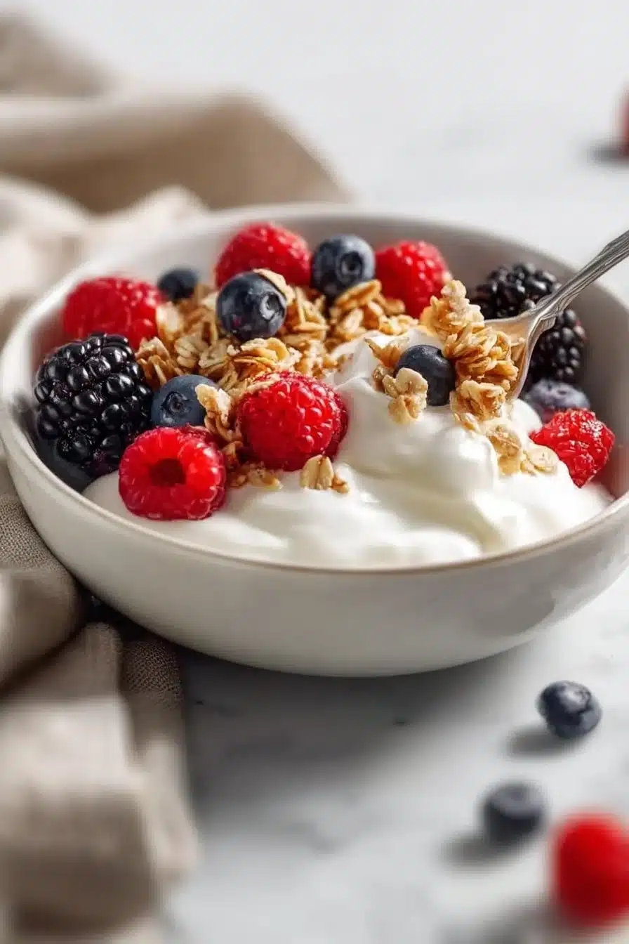 High Protein Greek Yogurt Breakfast Bowl with Berries and Granola