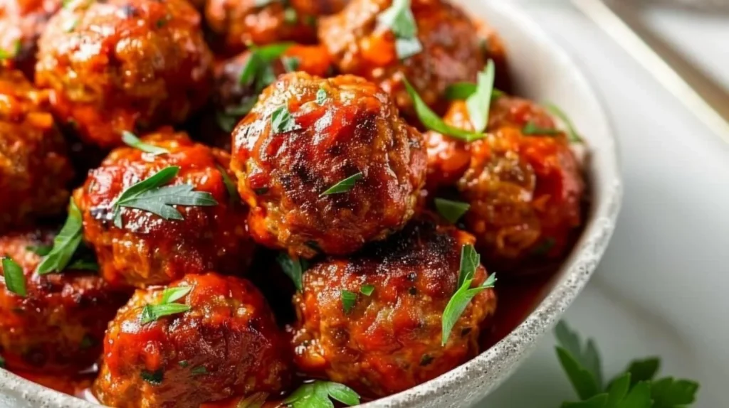 Plate of freshly made homemade meatballs with a rich marinara sauce