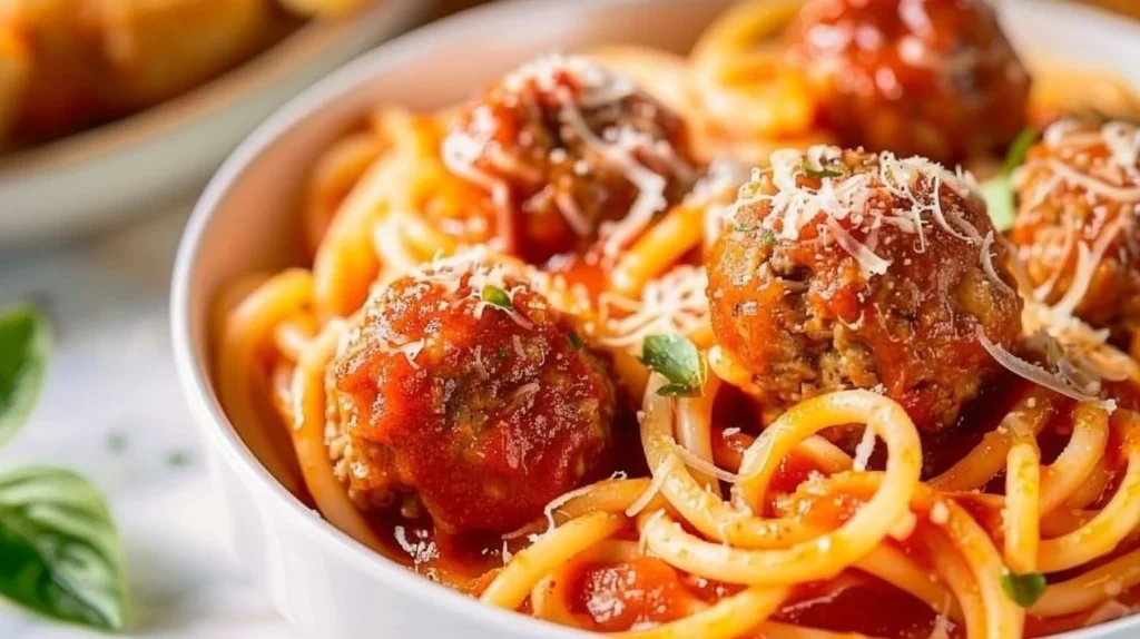 Bowl of homemade Spaghettios and meatballs served with fresh herbs on top