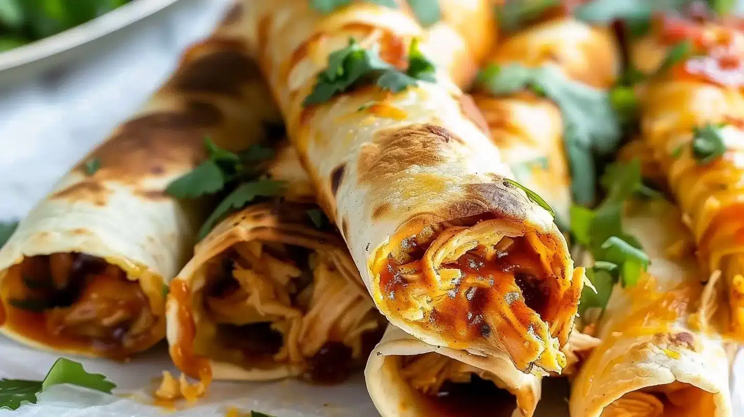 Delicious honey BBQ slow cooker chicken taquitos served with dipping sauce.