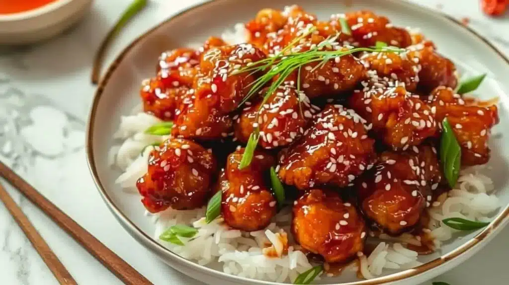 Delicious Honey Chilli Chicken plated with garnish for a flavorful meal.