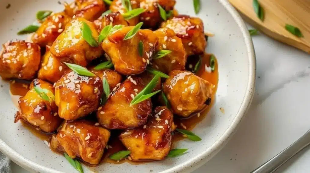 A plate of tasty Honey Garlic Chicken Bites garnished with green onions.