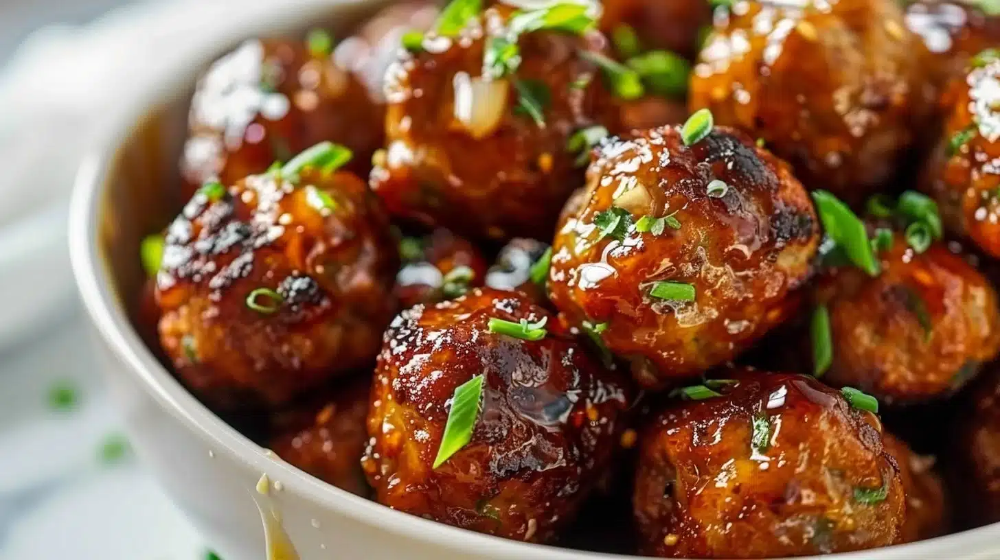 Honey Garlic Meatballs in a savory sauce served on a plate
