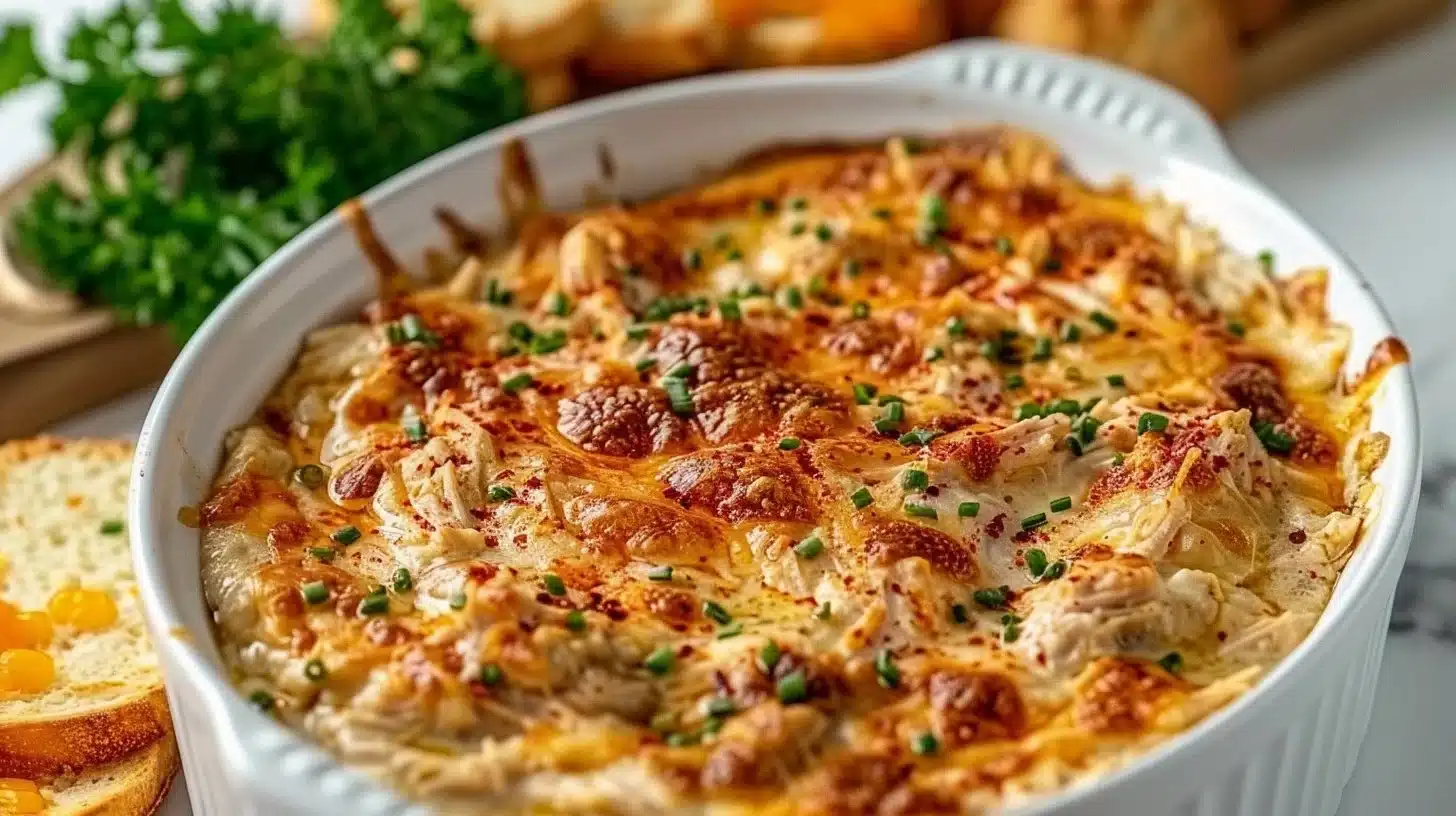 Creamy hot chicken dip served in a bowl with tortilla chips for dipping