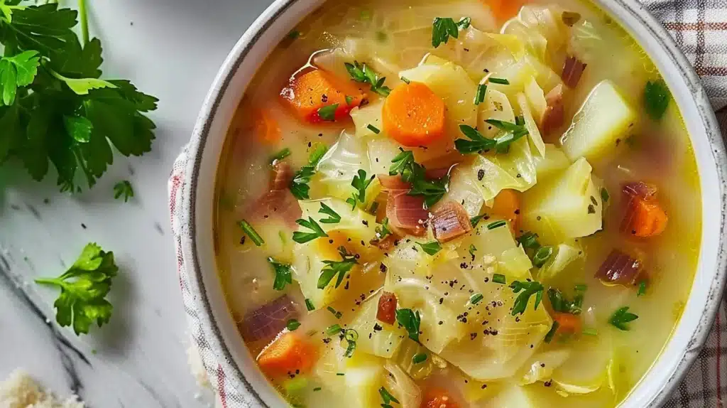 Bowl of Irish Potato and Cabbage Soup, garnished with fresh herbs