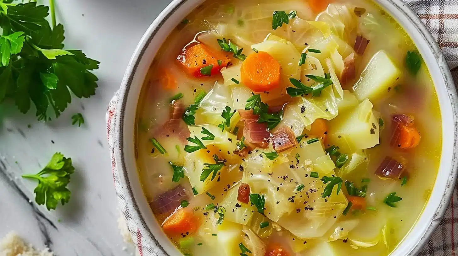 Bowl of Irish Potato and Cabbage Soup, garnished with fresh herbs