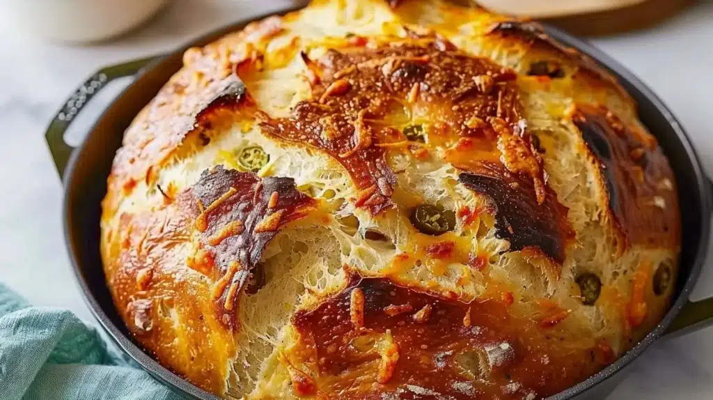 Freshly baked jalapeño cheddar bread in a Dutch oven, sliced and ready to enjoy.