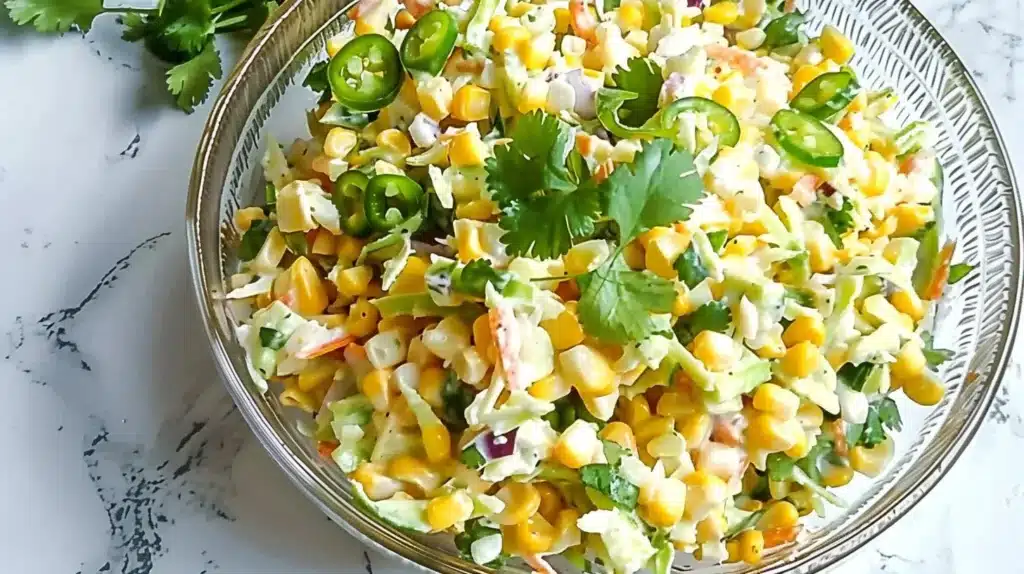 Colorful Jalapeño Corn Coleslaw in a bowl, garnished with fresh herbs