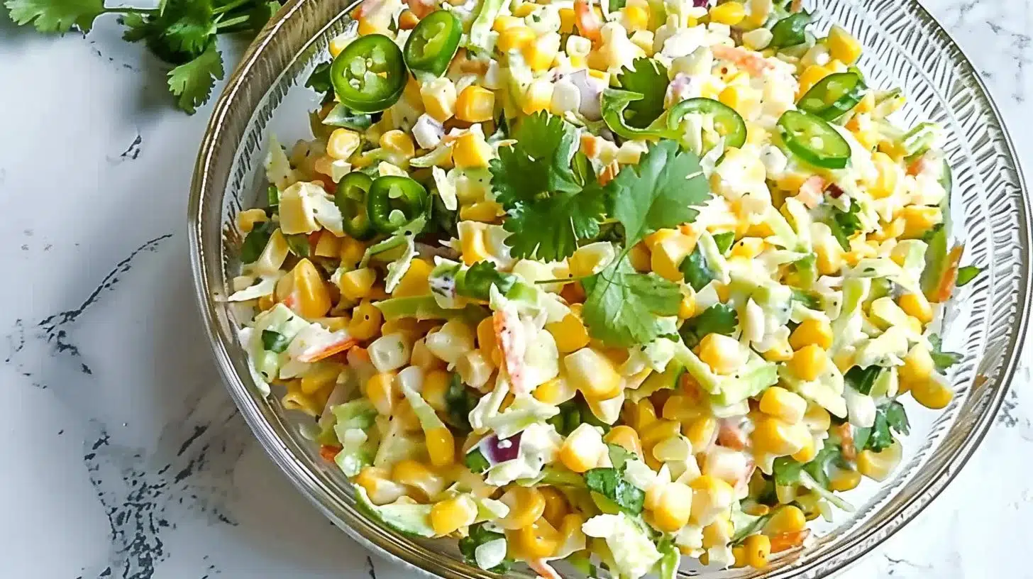 Colorful Jalapeño Corn Coleslaw in a bowl, garnished with fresh herbs