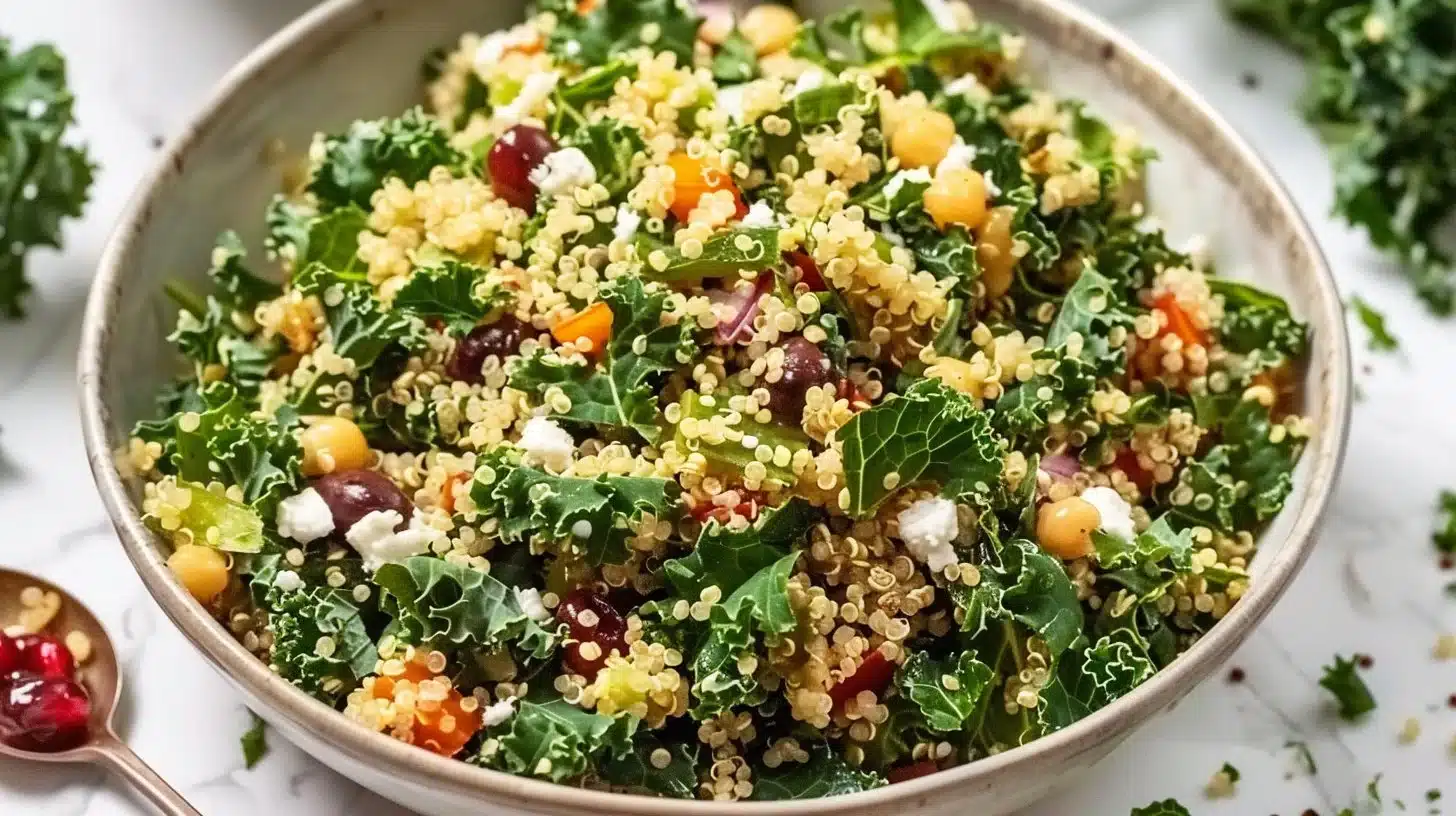 Healthy Kale Quinoa Salad with vegetables and dressing